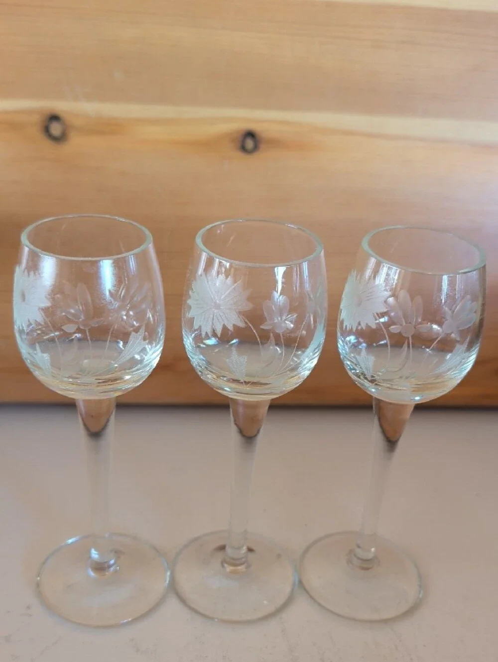 VTG. Etched Floral Cordial Goblet Glasses - Clear (Set of 3)